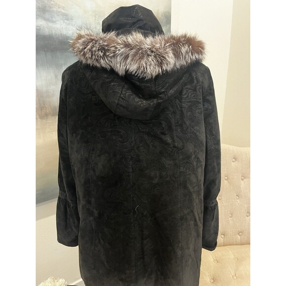 Prodi Women’s Winter Genuine Embossed Black Leather Coat Fox Fur Trim XXL - Picture 6 of 16